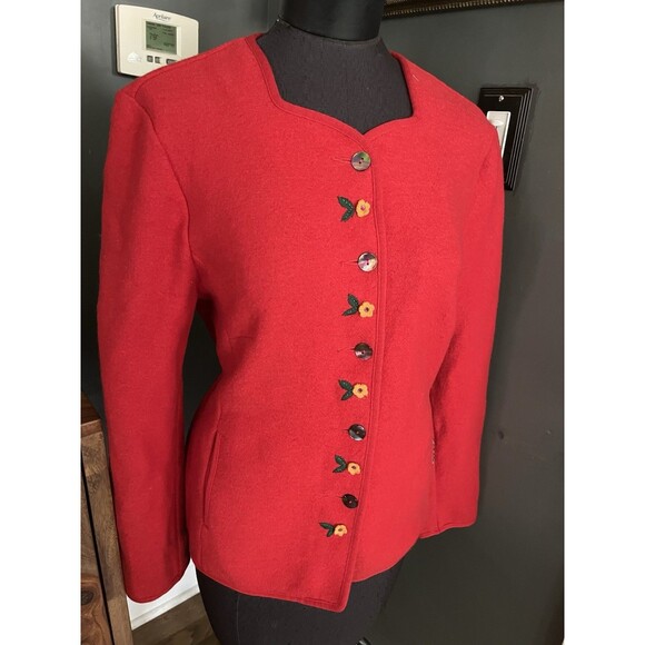 Geiger Collection Embroidered Boiled Wool Jacket Caridgan Flowers Red 40 M - Picture 2 of 8